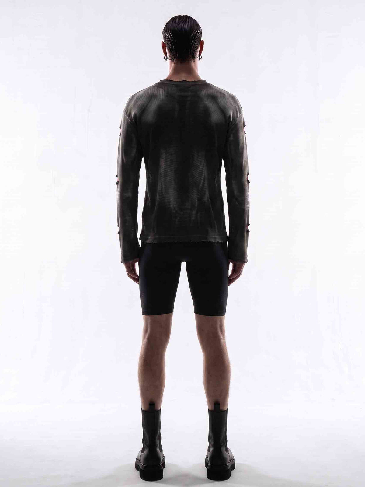 Distressed Black and Red Raglan Long Sleeve Shirt – on model back | XoKool