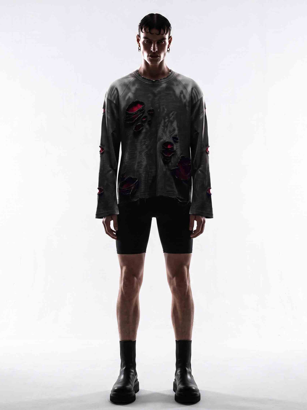 Distressed Black and Red Raglan Long Sleeve Shirt – on model front | XoKool