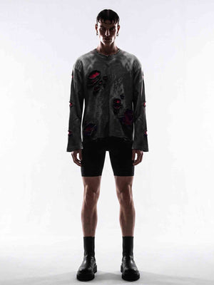 Distressed Black and Red Raglan Long Sleeve Shirt – on model front | XoKool