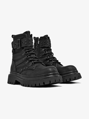 Distressed Buckle Strap Lace Up Combat Boots – pair, side view | XoKool
