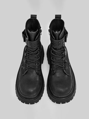 Distressed Buckle Strap Lace Up Combat Boots – pair, top view | XoKool