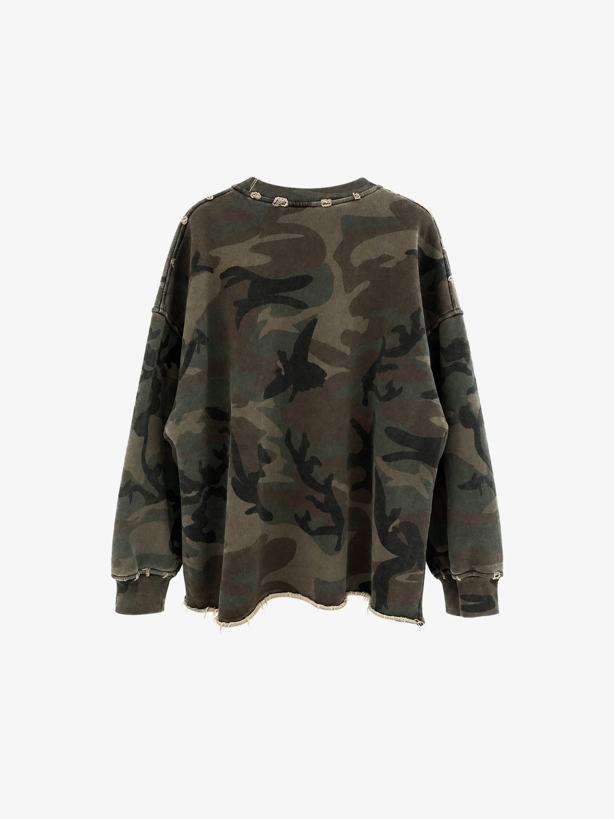 Distressed Camo Sweatshirt mit unbehandeltem Saum – Camo, Vorderseite flach | XoKool