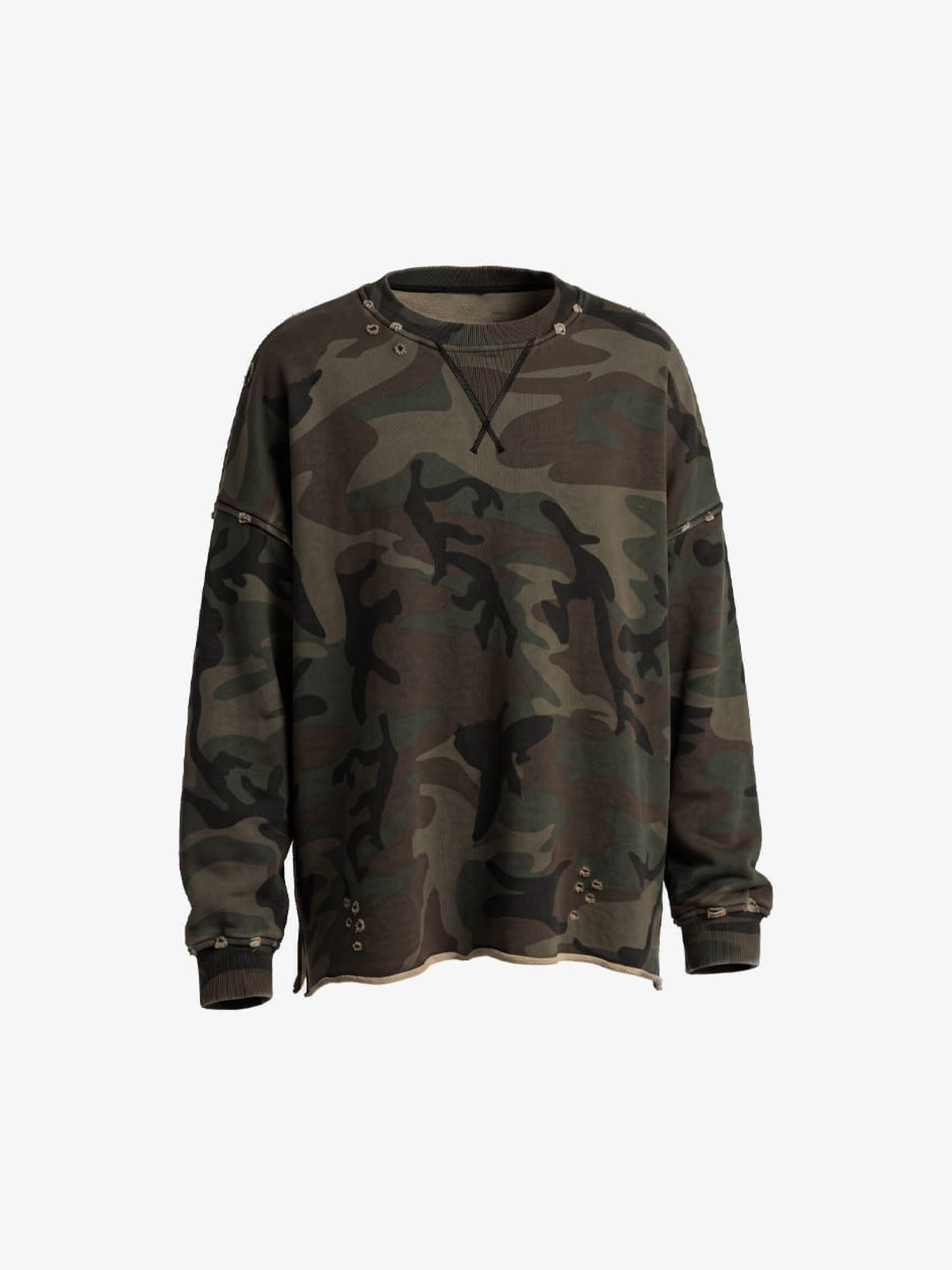 Distressed Camo Sweatshirt mit unbehandeltem Saum – Camo, Vorderansicht | XoKool