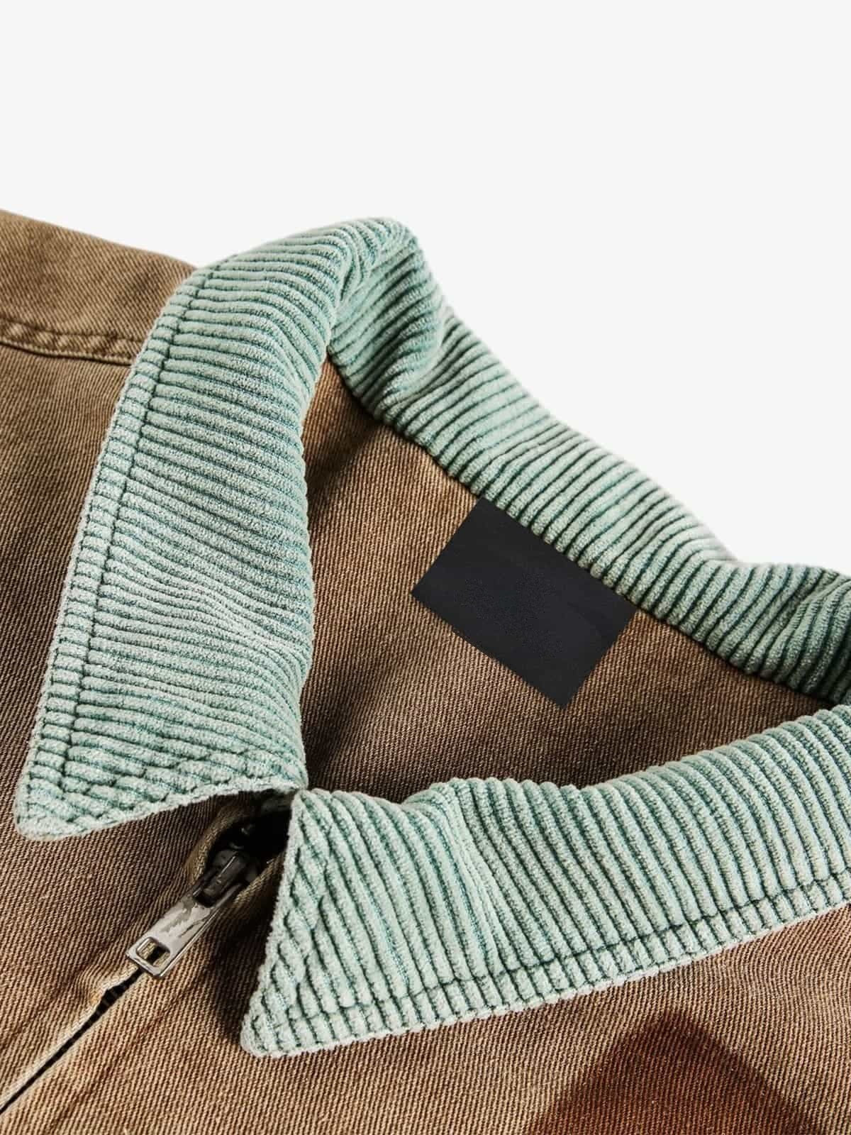 Distressed Canvas Patch Jacket – corduroy collar close-up | XoKool