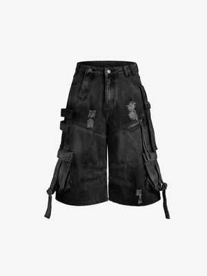 Distressed Cargo Jorts mit hängenden Riemen – Washed Black, Vorderseite flach | XoKool