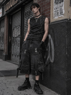 Distressed Cargo Jorts mit hängenden Riemen – Washed Black, Streetfoto angelehnt | XoKool