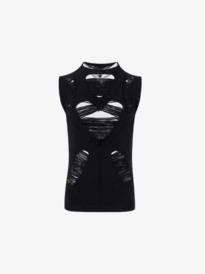 Distressed Cutout Sleeveless Knit Top with Mock Neck – front view | XoKool