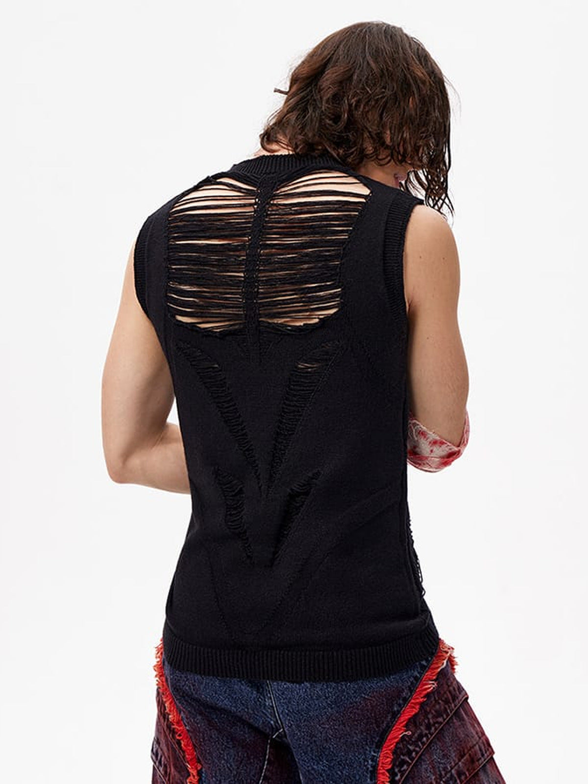 Distressed Cutout Sleeveless Knit Top with Mock Neck – on model back | XoKool