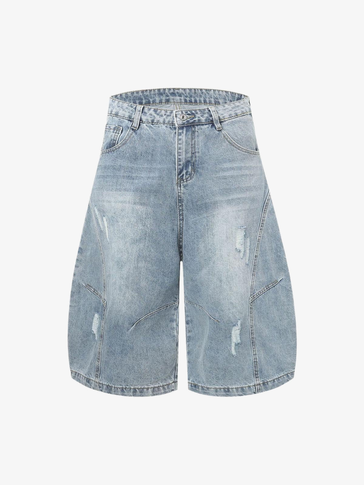 Distressed Barrel Jorts with Curved Seams – Light Blue, front view | XoKool