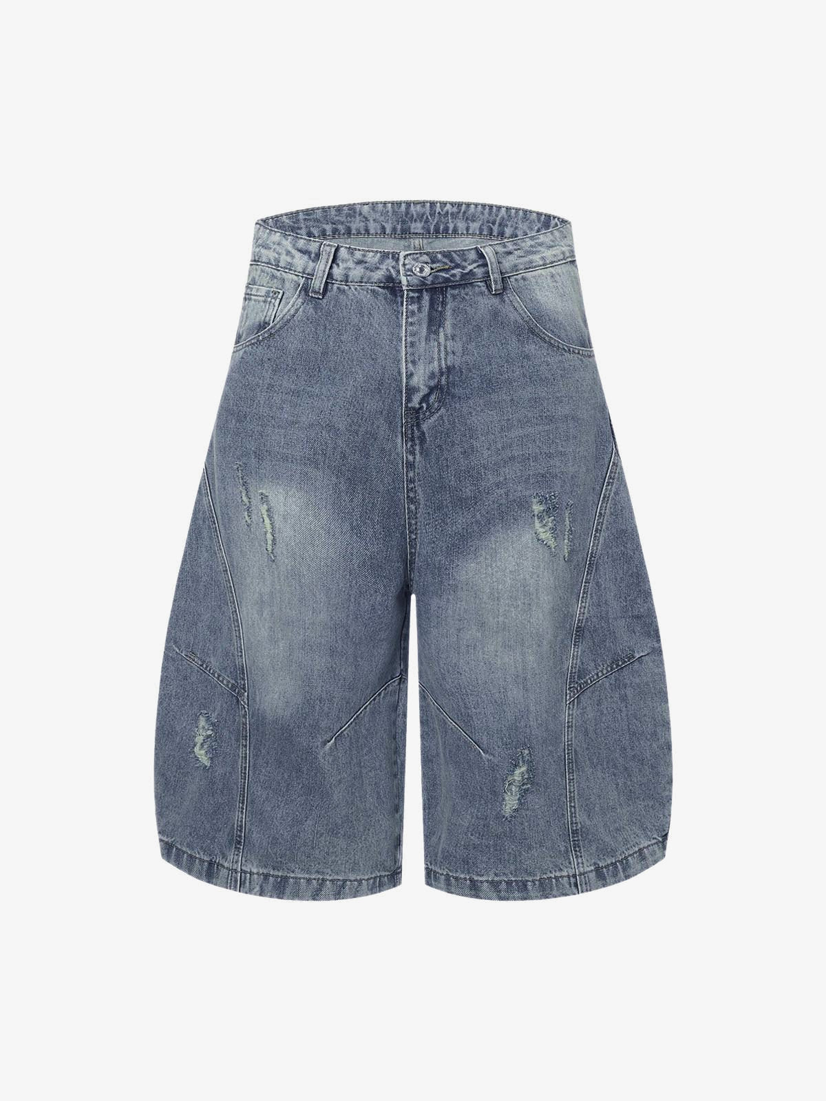 Distressed Barrel Jorts with Curved Seams – Mid Blue, front view | XoKool