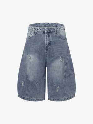 Distressed Barrel Jorts with Curved Seams – Mid Blue, front view | XoKool