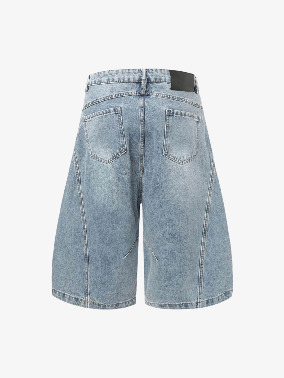 Distressed Barrel Jorts with Curved Seams – Light Blue, back view | XoKool