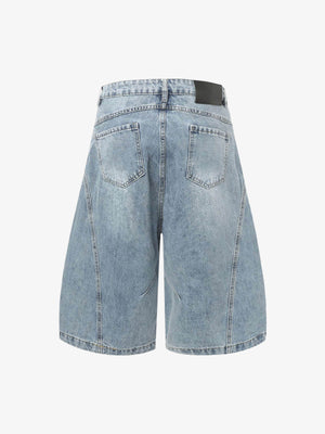 Distressed Barrel Jorts with Curved Seams – Light Blue, back view | XoKool