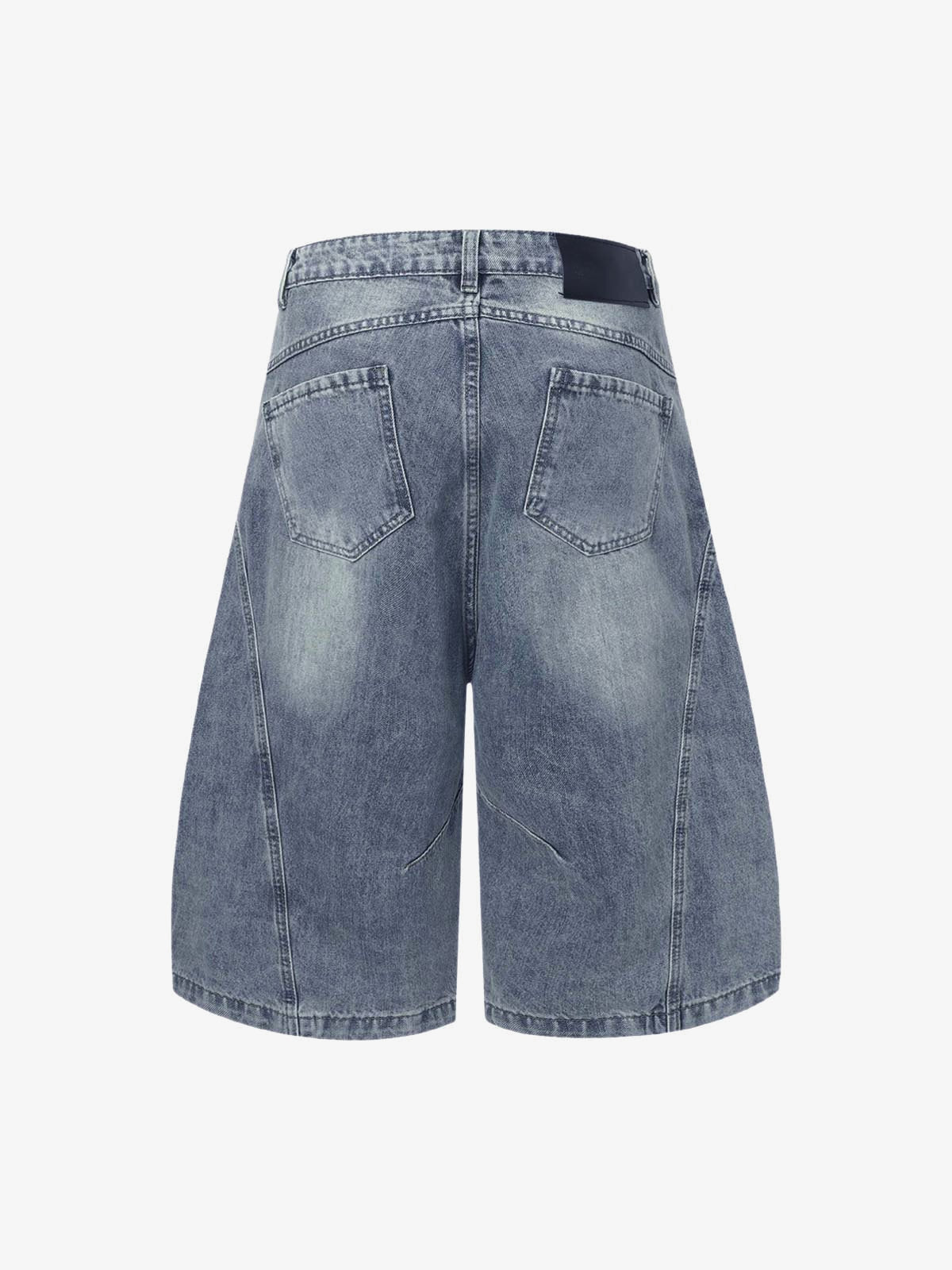 Distressed Barrel Jorts with Curved Seams – Mid Blue, back view | XoKool