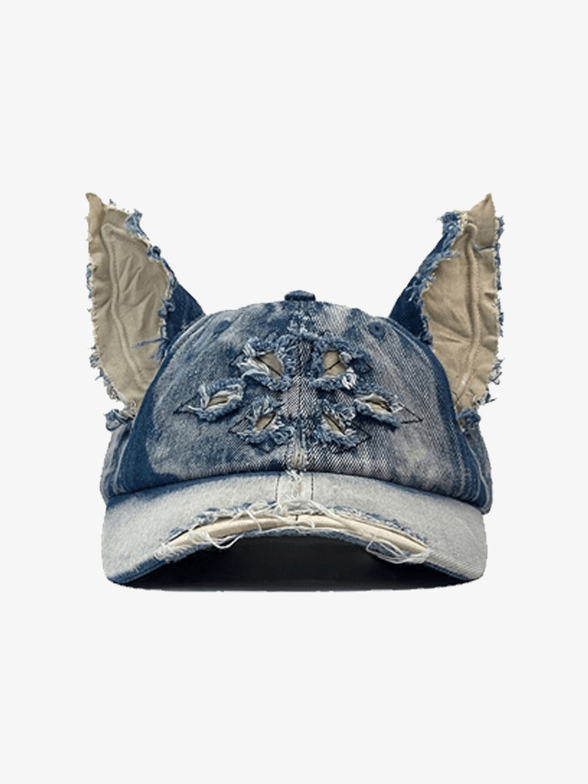 Distressed Denim Baseball Cap with Frayed Ears – Blue, front view (alt) | XoKool
