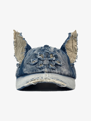 Distressed Denim Baseball Cap with Frayed Ears – Blue, front view (alt) | XoKool