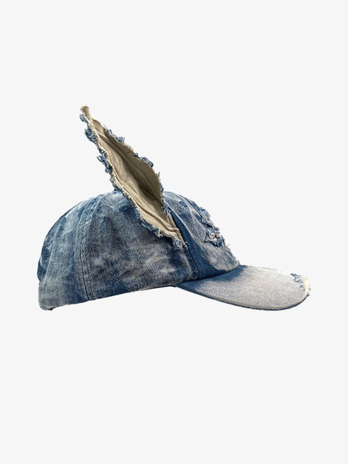 Distressed Denim Baseball Cap with Frayed Ears – Blue, side view | XoKool