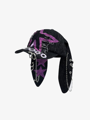Distressed Denim Bunny Ear Cap with Chains – Black Purple Star, side view | XoKool