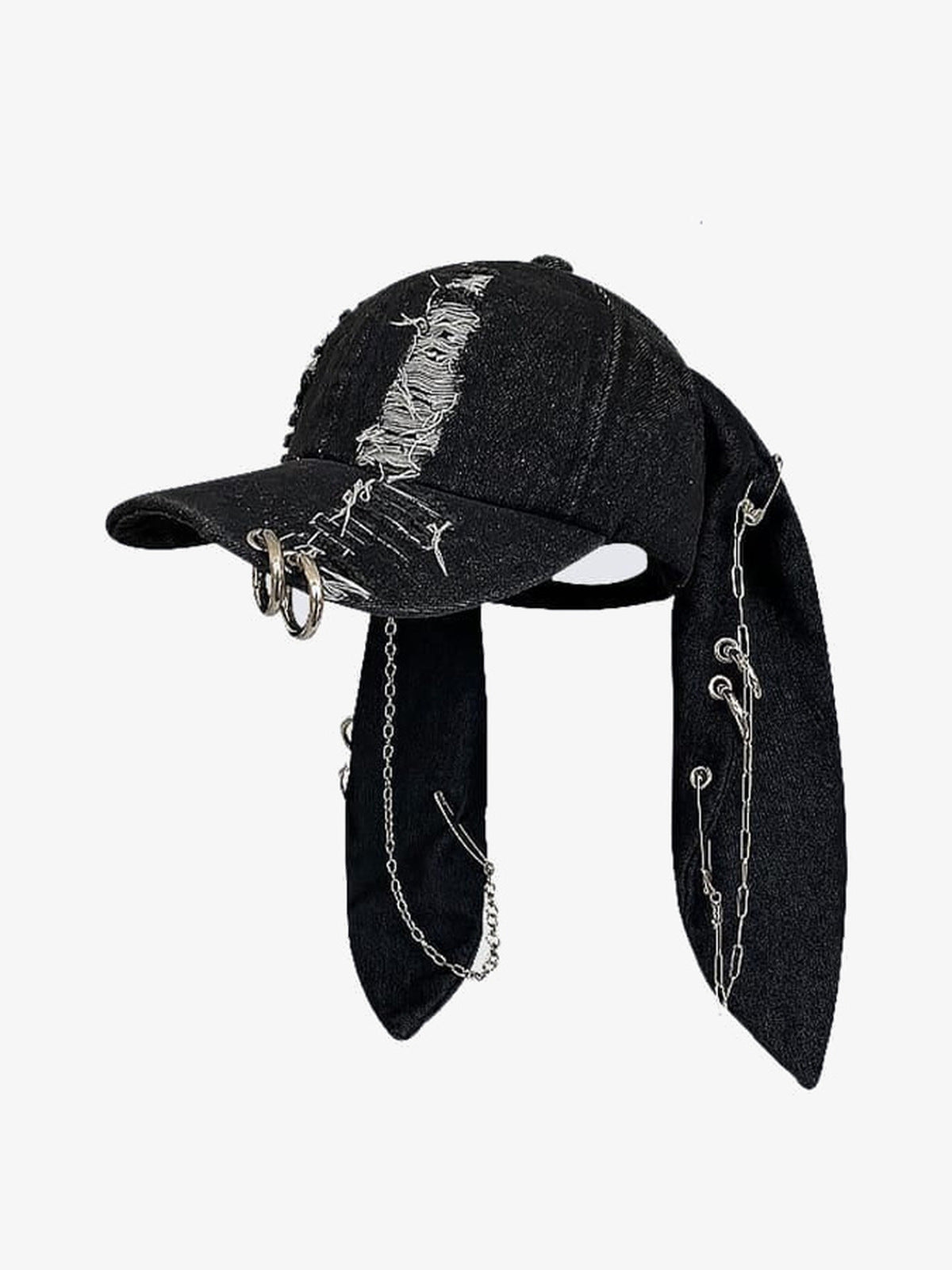 Distressed Denim Bunny Ear Cap with Chains – Black, side view | XoKool