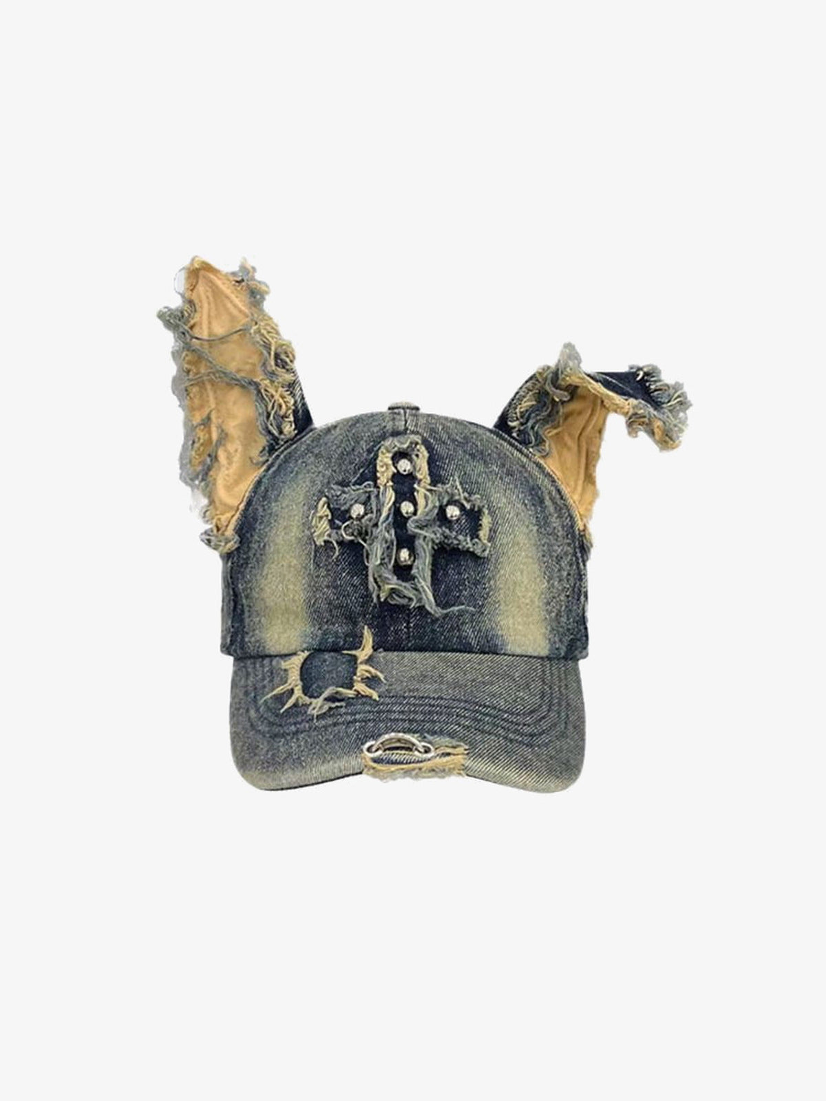 Distressed Denim Doberman Ear Cap with Cross Patch – Front view, ears angled | XoKool