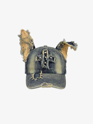 Distressed Denim Doberman Ear Cap with Cross Patch – Front view, ears angled | XoKool