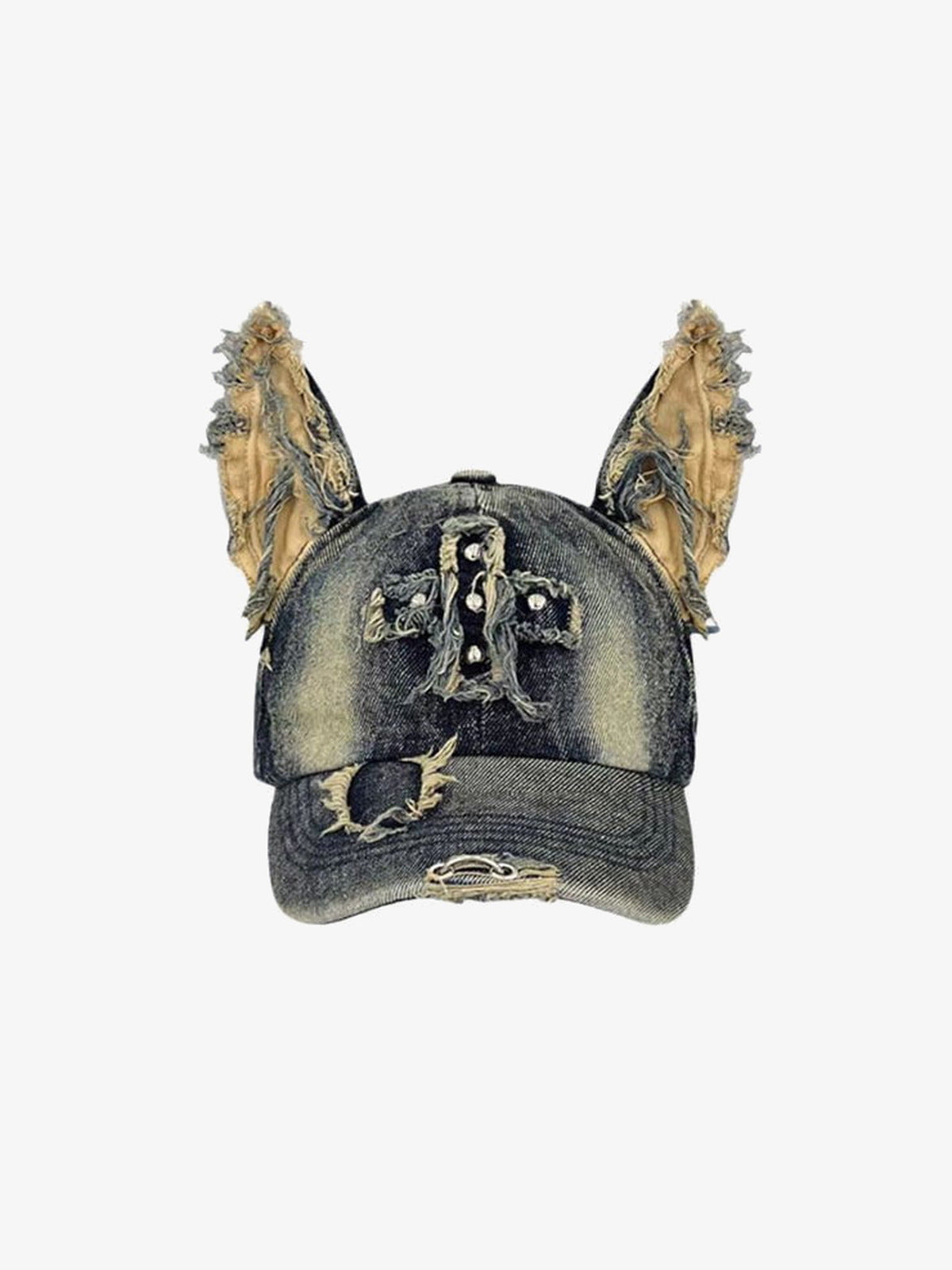 Distressed Denim Doberman Ear Cap with Cross Patch – Front view | XoKool