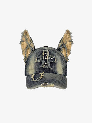 Distressed Denim Doberman Ear Cap with Cross Patch – Front view | XoKool