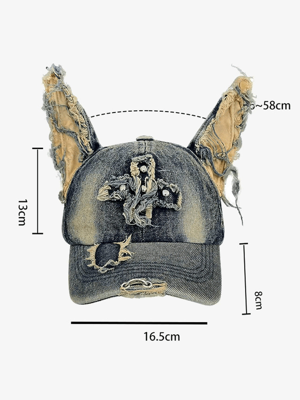 Distressed Denim Doberman Ear Cap with Cross Patch – Size chart with measurements | XoKool