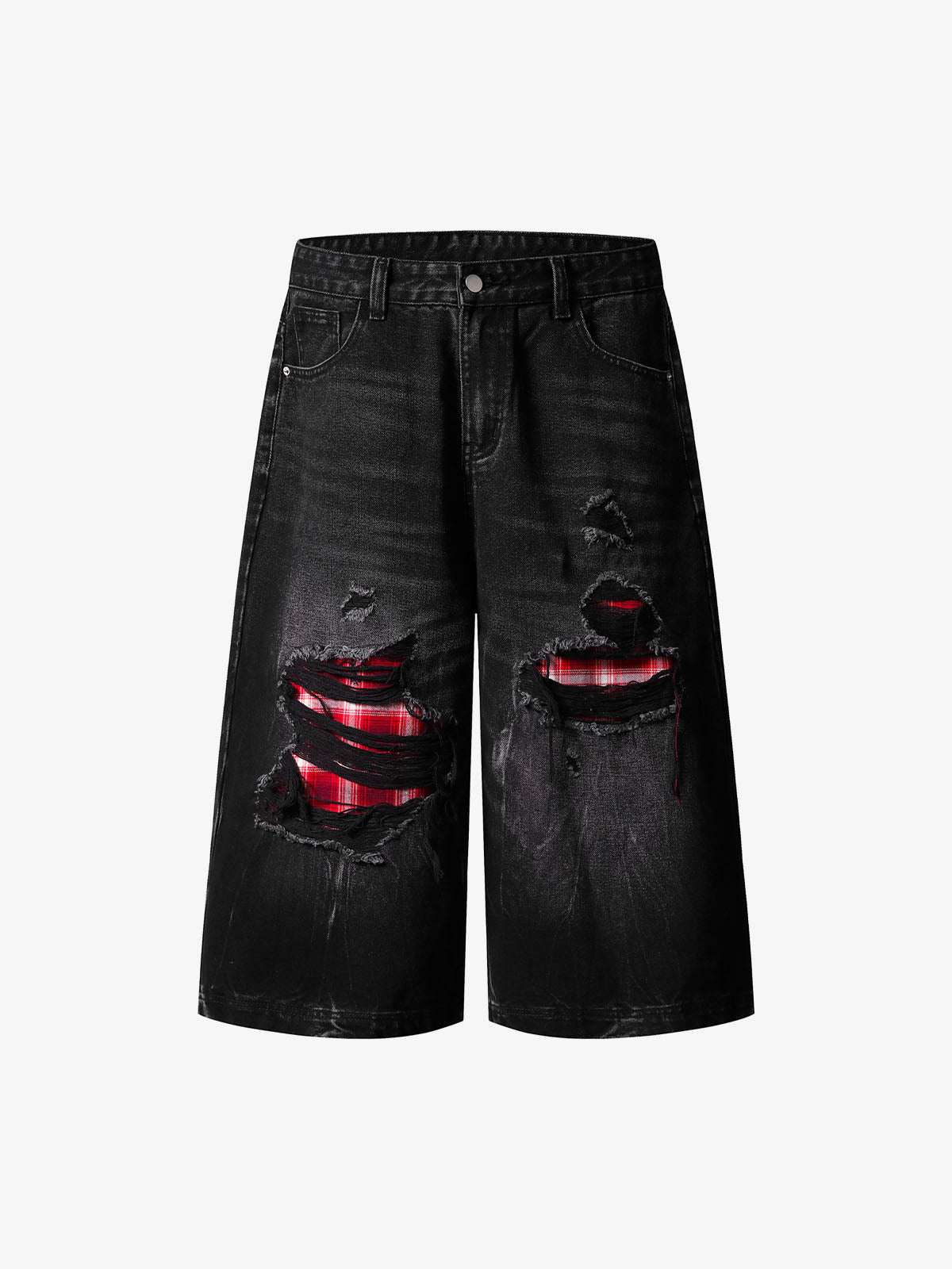 Black Ripped Plaid Jorts – Black, front flat view | XoKool