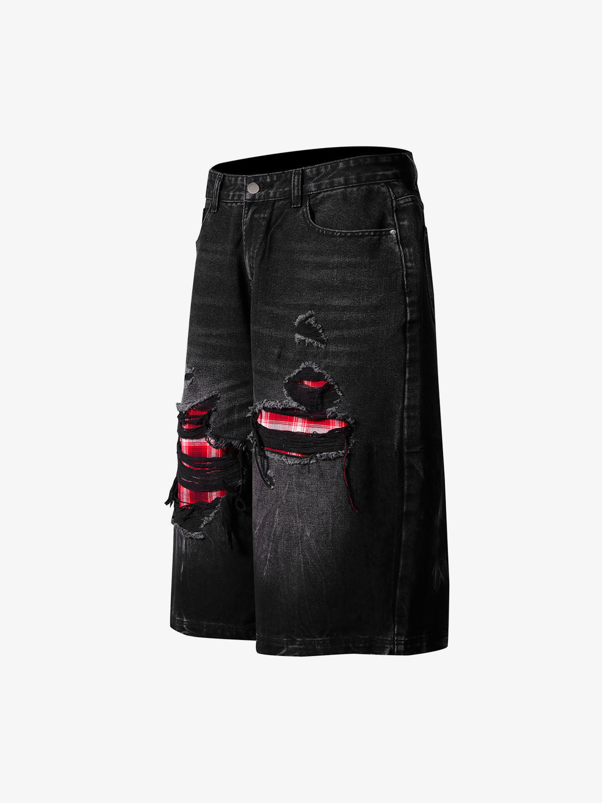 Black Ripped Plaid Jorts – side angle flat view | XoKool