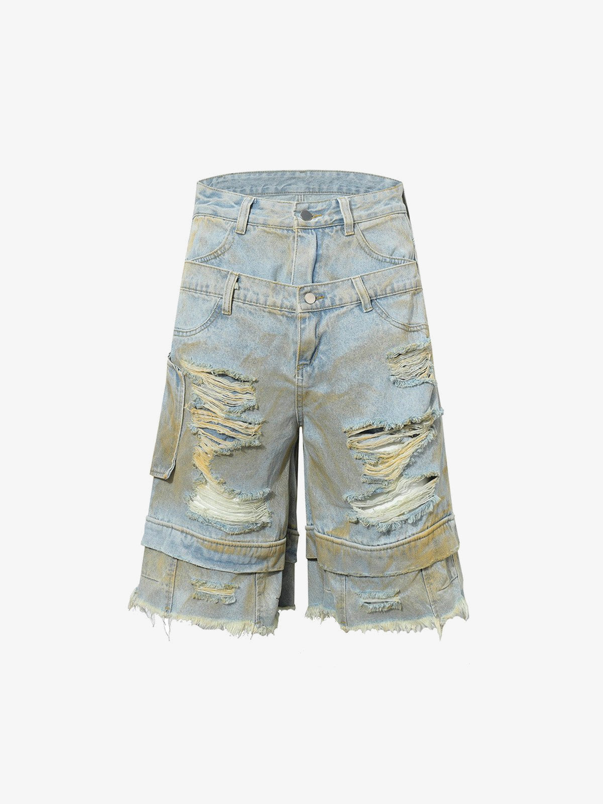Ripped Dirty Wash Cargo Jorts – Dirty Wash Light Blue, front flat view | XoKool
