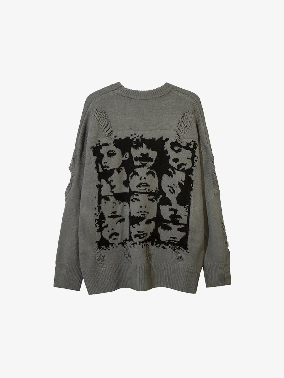 Distressed Face Jacquard Oversized Knit Sweater – Grey, back view | XoKool