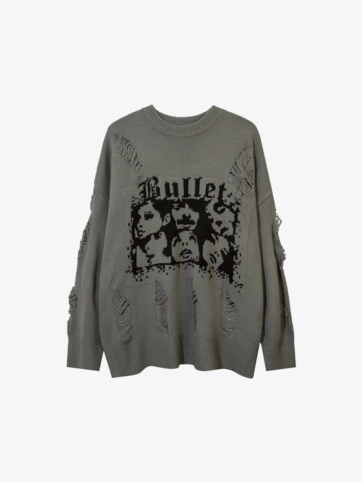 Distressed Face Jacquard Oversized Knit Sweater – Grey, front view | XoKool