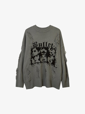 Distressed Face Jacquard Oversized Knit Sweater – Grey, front view | XoKool