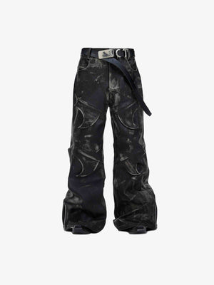 Distressed Faux Leather Pants with Wide Leg – Black, front flat with belt | XoKool