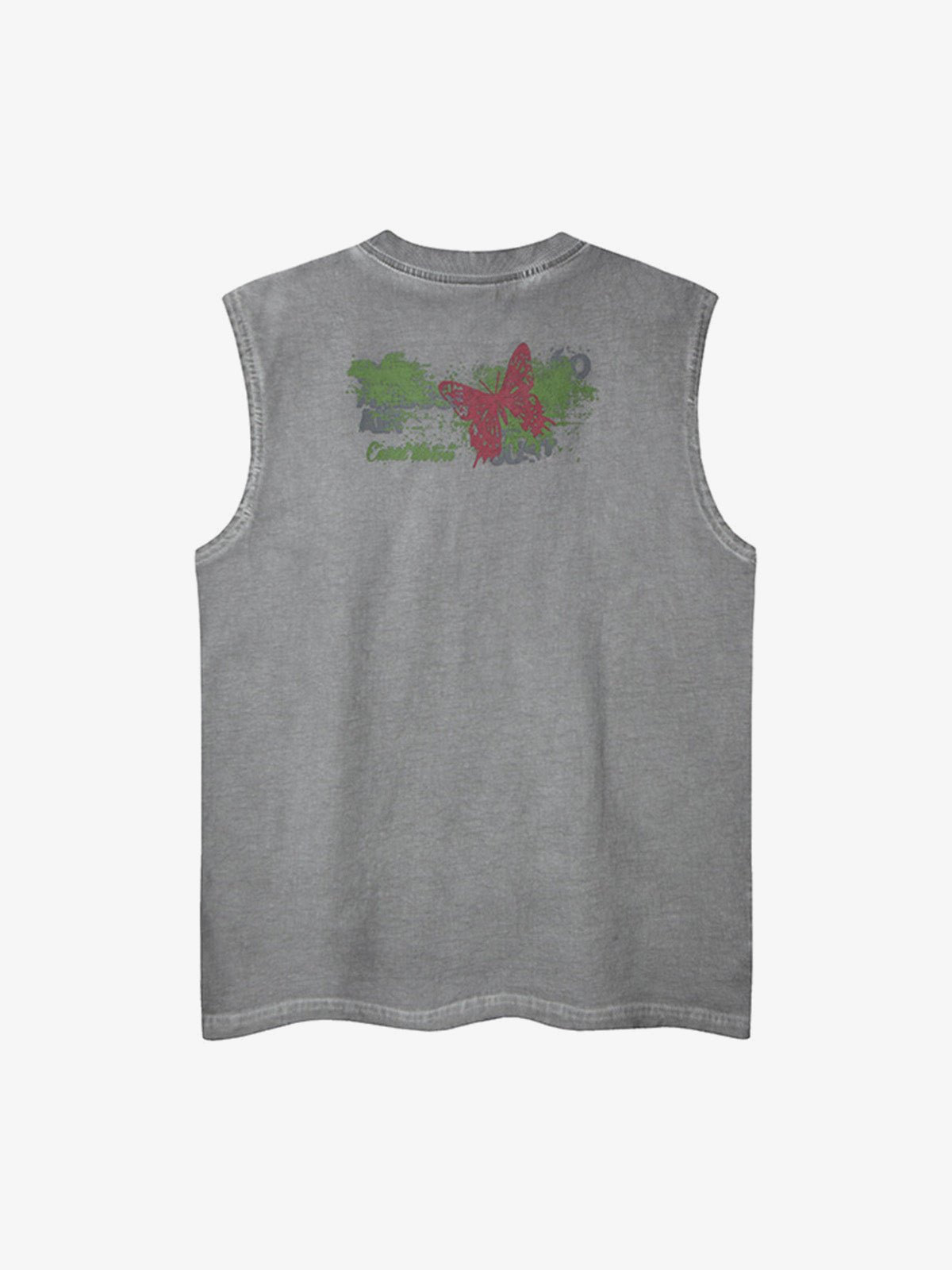 Camiseta sin mangas rasgada con mariposa gráfica, negra o gris – gris, vista trasera | XoKool