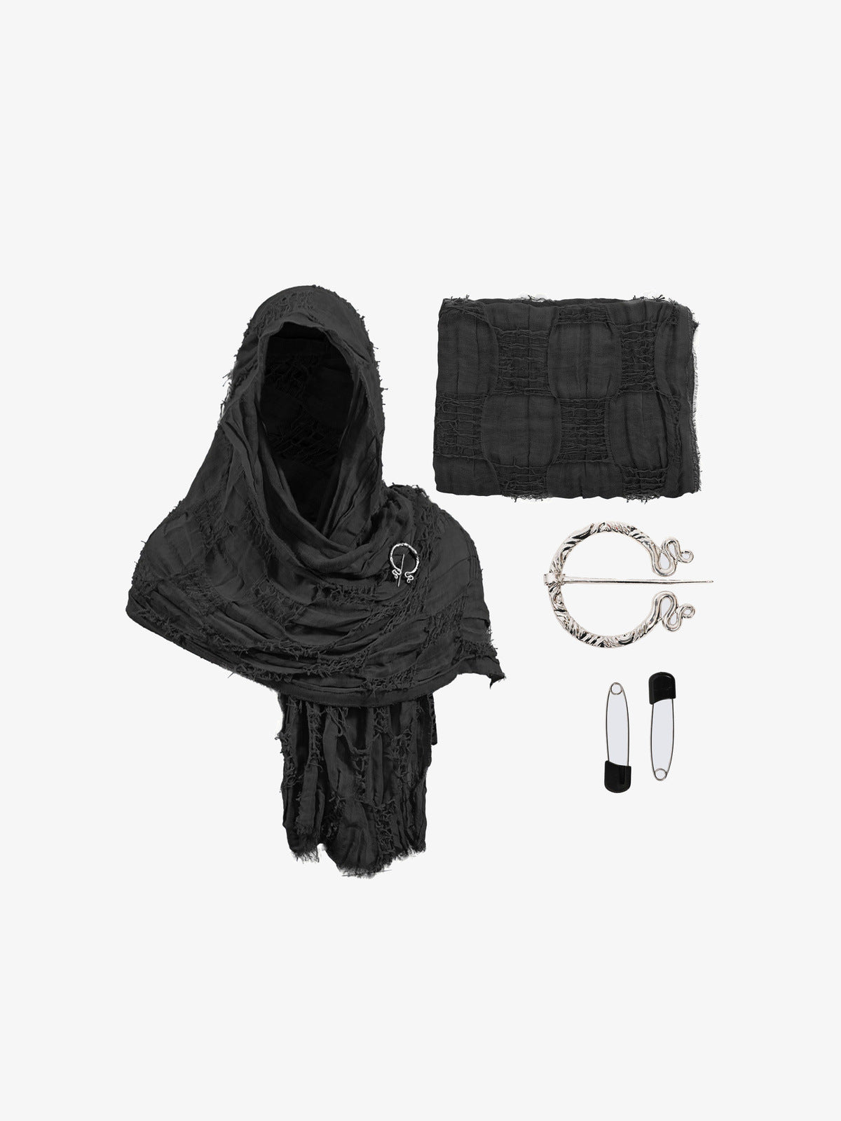 Set de bufanda con capucha desgastado (distressed) y broche – negro, set en plano | XoKool