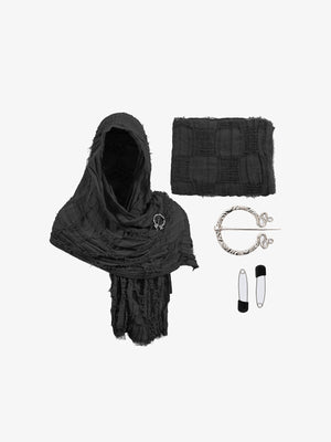 Set de bufanda con capucha desgastado (distressed) y broche – negro, set en plano | XoKool
