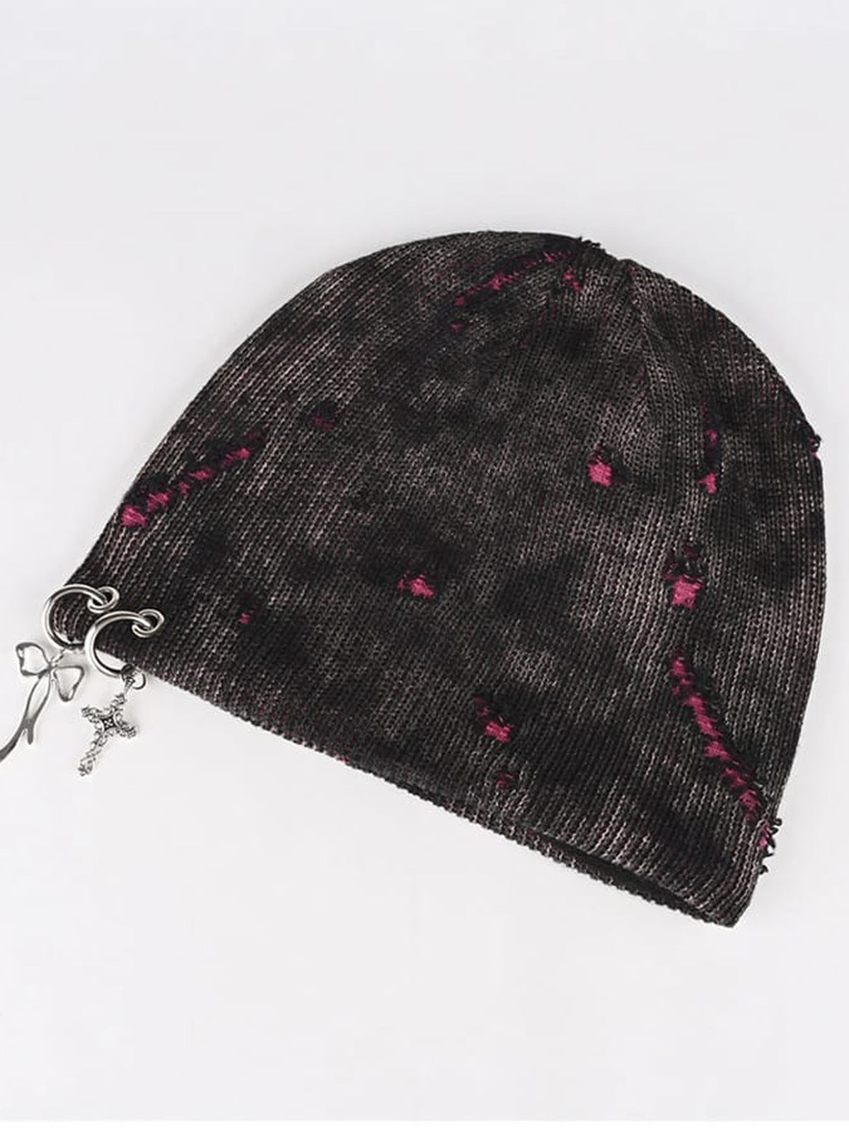 Distressed Beanie – Schwarz-Pink, flach, Seitenansicht | XoKool