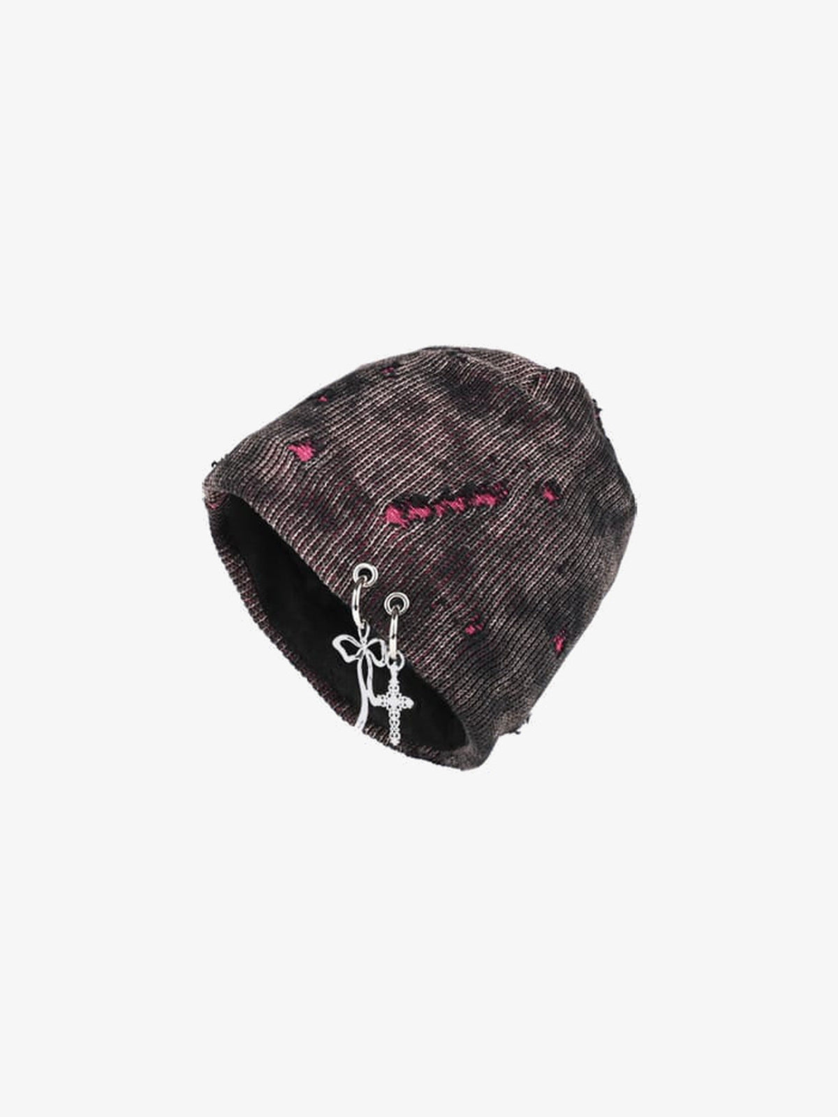 Distressed Strickbeanie mit Kreuzanhänger – Schwarz-Pink-Version, Produktansicht | XoKool