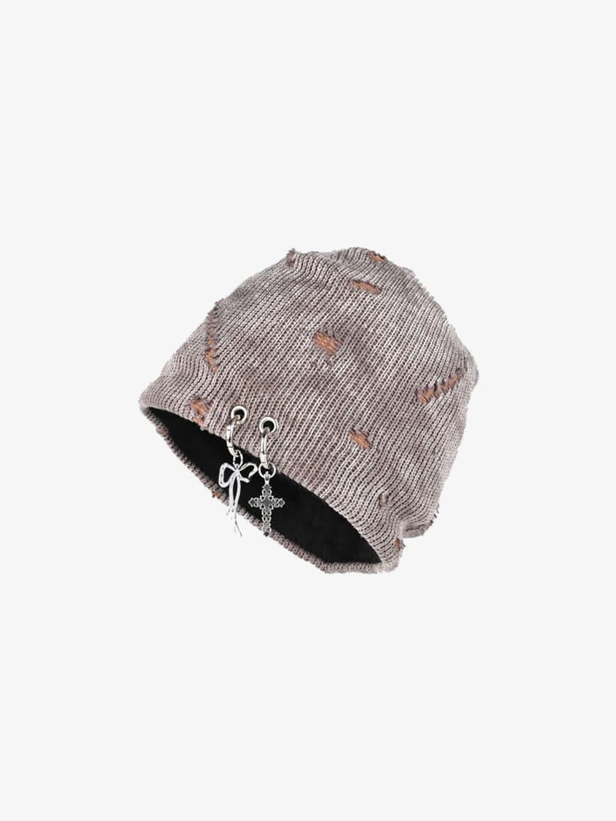 Gorro de punto desgastado con charm de cruz – gris caramelo, vista del producto | XoKool