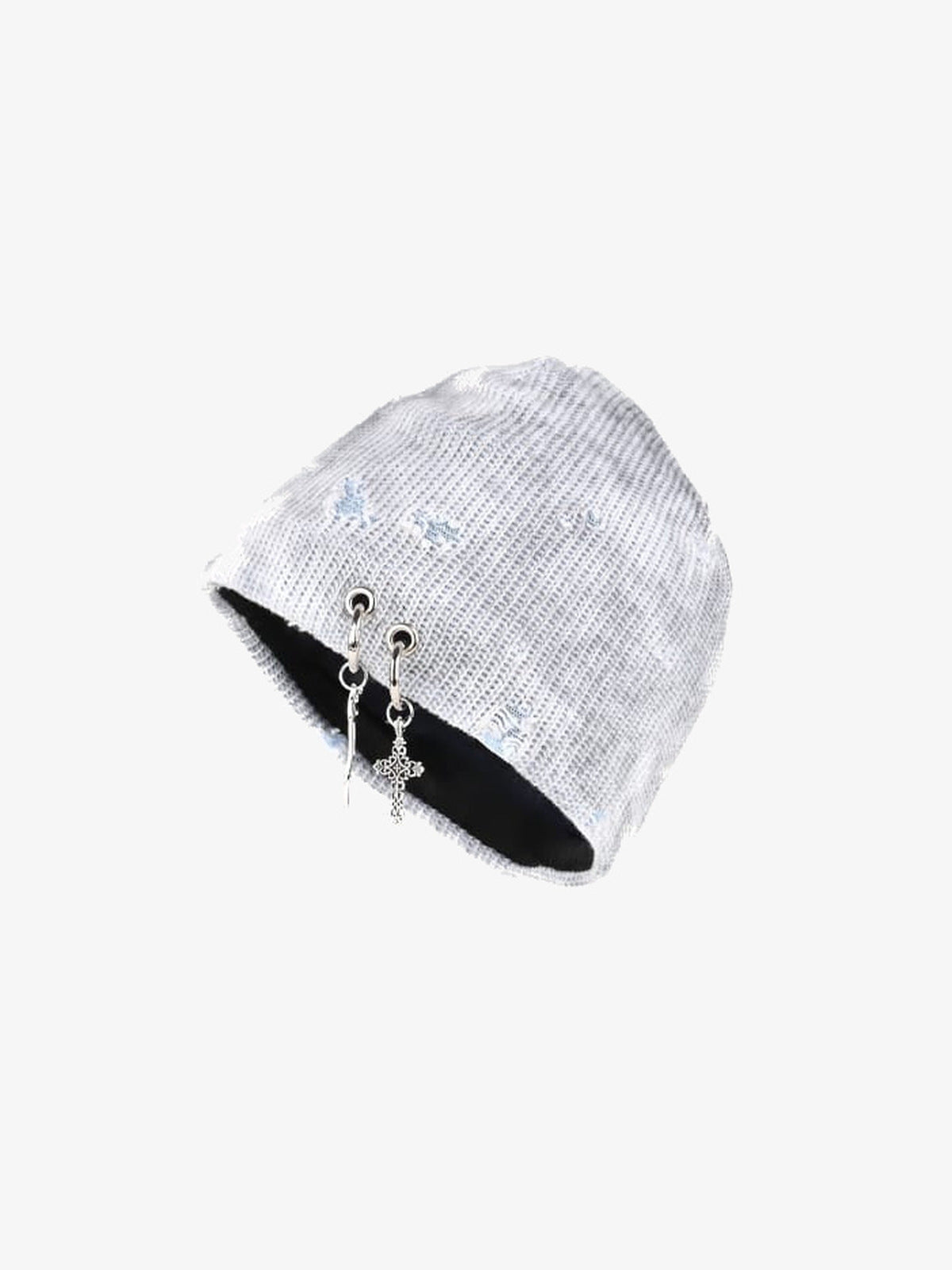 Gorro de punto desgastado con charm de cruz – versión blanco/gris, vista del producto | XoKool
