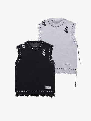 Distressed Strickweste mit ausgefranstem Saum – Schwarz und Hellgrau, Vorderansicht | XoKool
