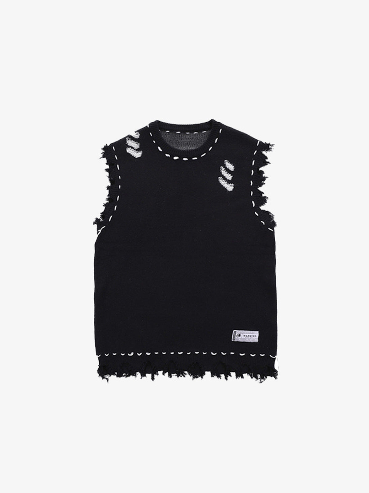 Distressed Strickweste mit ausgefranstem Saum – Schwarz, Vorderansicht flach | XoKool