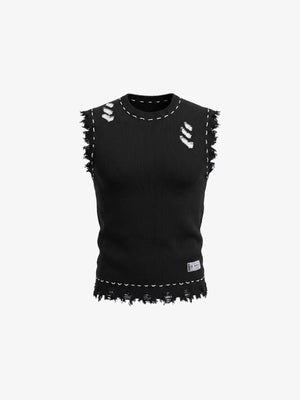 Distressed Strickweste mit ausgefranstem Saum – Schwarz, Vorderansicht flach | XoKool