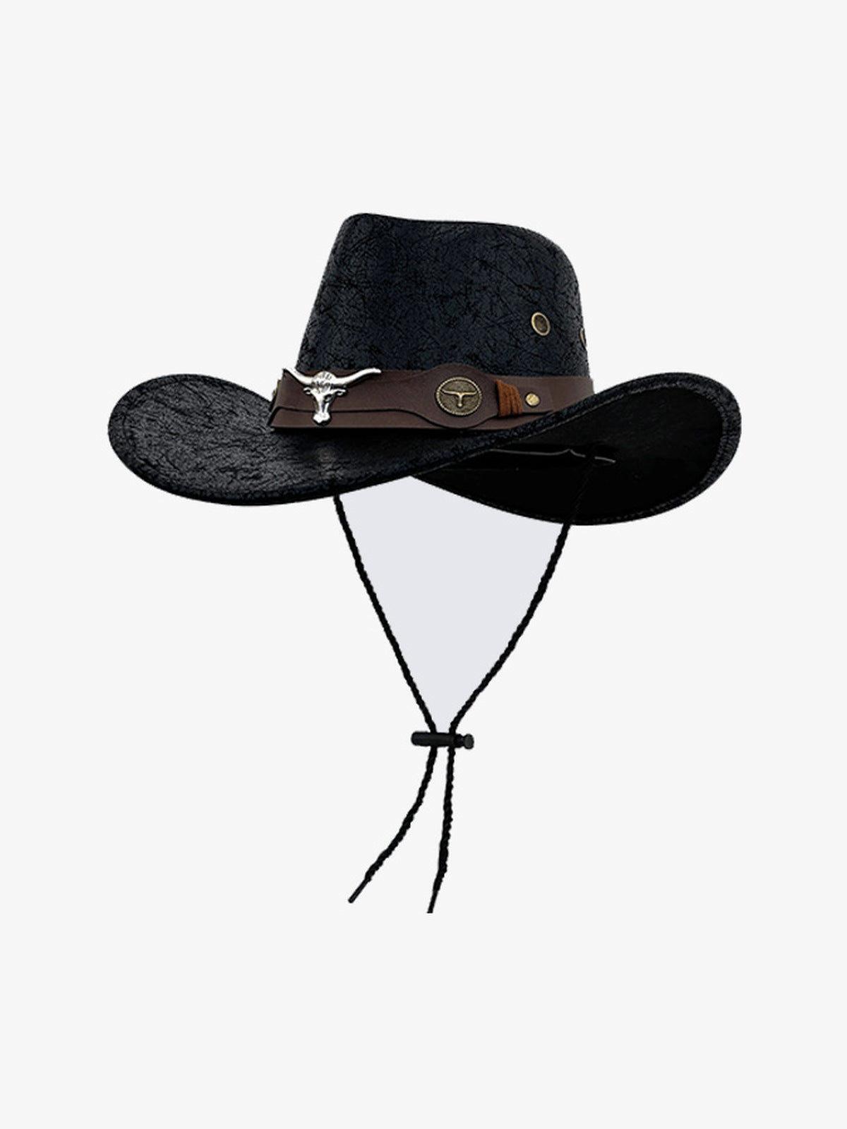 Distressed Leather-Look Western Cowboy Hat – Black Longhorn, front view | XoKool