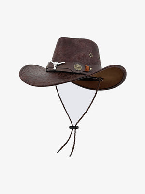 Distressed Leather-Look Western Cowboy Hat – Dark Brown Longhorn, front view | XoKool