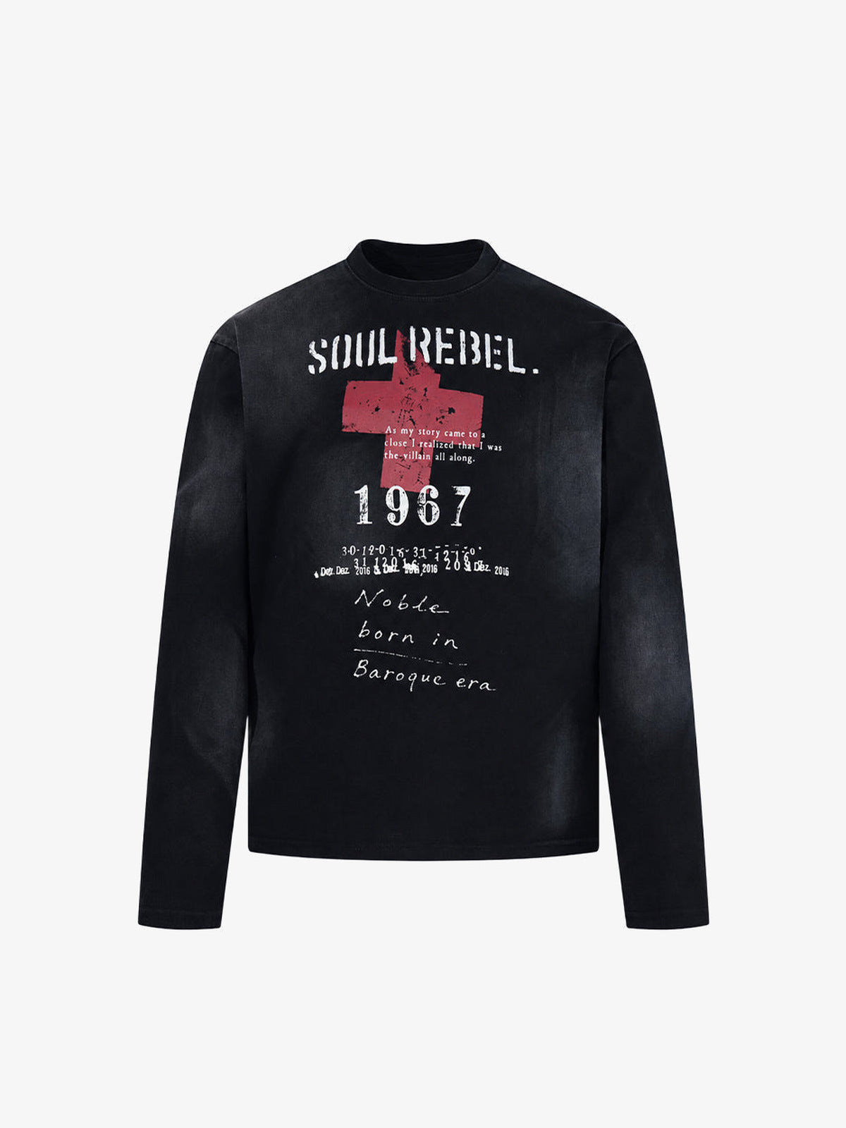 Distressed Long Sleeve Shirt with Red Cross Print – Black, front flat | XoKool