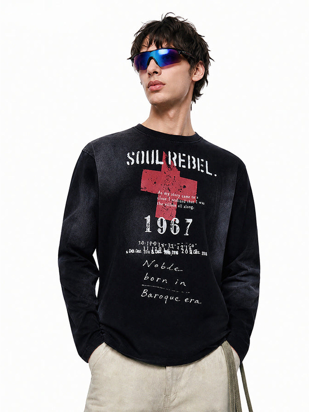 Distressed long sleeve shirt – Black, on model front | XoKool