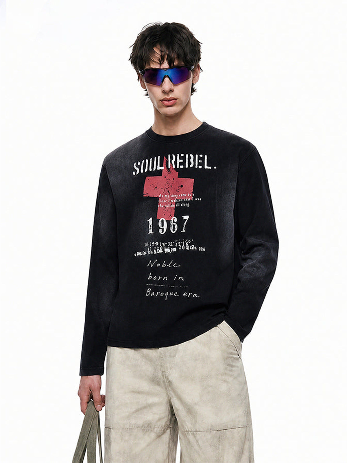 Distressed Long Sleeve Shirt with Red Cross Print – Black, on model front | XoKool